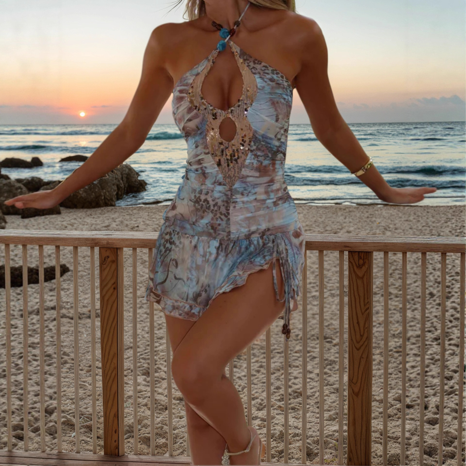 Seksowna, nowa sukienka z dekoltem w serek i cekinami, zdobiona koralikami