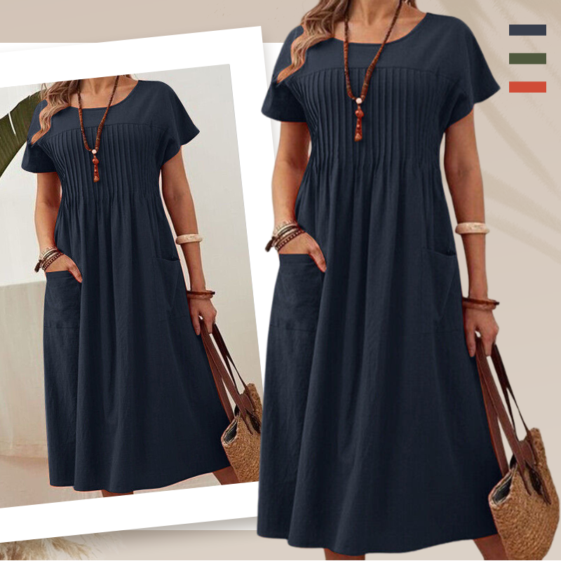 ?Damska sukienka plisowana z krótkim rękawem i kieszeniami?