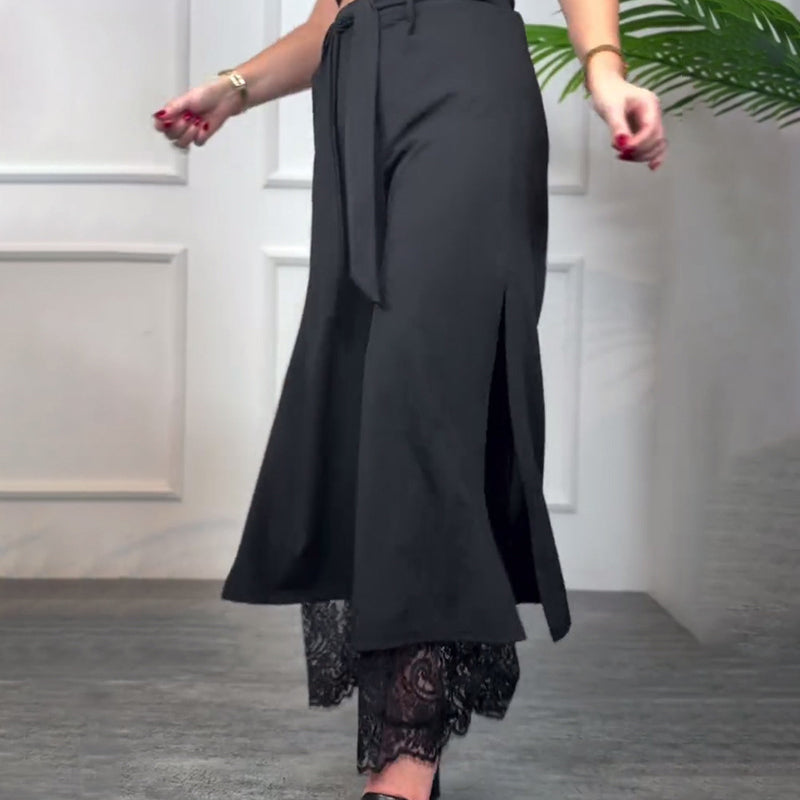 Damskie seksowne spodnie z szerokimi nogawkami i koronkową podszewką