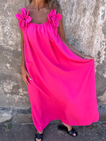 ?Sukienka damska w jednolitym kolorze z kwiatowym wzorem i dekoltem w kształcie litery U