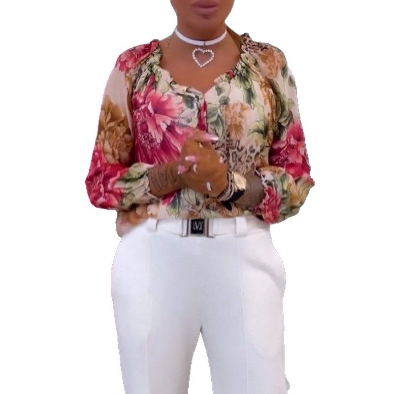 Printed V-neck casual fashion chiffon shirt