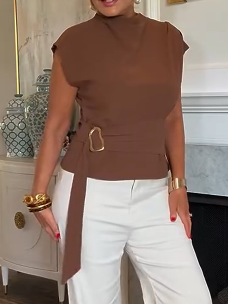 Damski top casualowy z okrągłym dekoltem i metalową klamrą