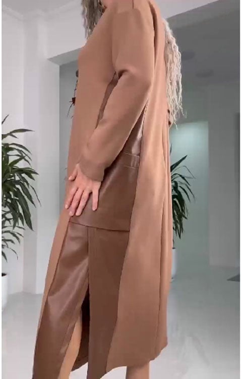 Damska swobodna luźna skórzana sukienka z kieszeniami