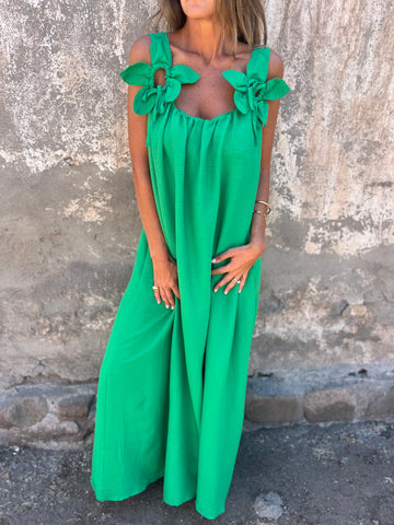 ?Sukienka damska w jednolitym kolorze z kwiatowym wzorem i dekoltem w kształcie litery U