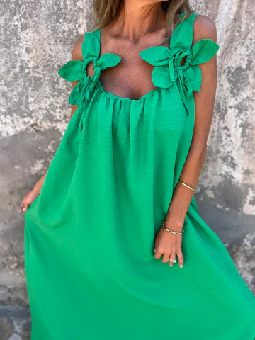 ?Sukienka damska w jednolitym kolorze z kwiatowym wzorem i dekoltem w kształcie litery U