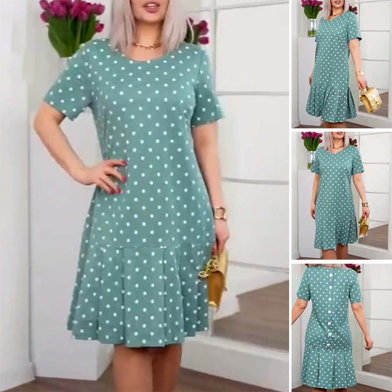 Sukienka plisowana z krótkim rękawem i okrągłym dekoltem w groszki