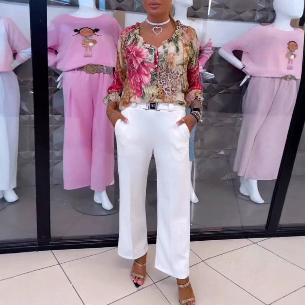 Printed V-neck casual fashion chiffon shirt