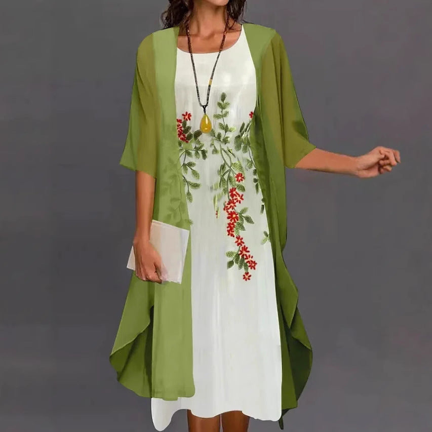 Sukienka damska dwuczęściowa z okrągłym dekoltem i nadrukiem