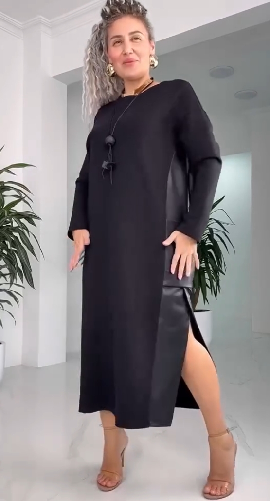 Damska swobodna luźna skórzana sukienka z kieszeniami