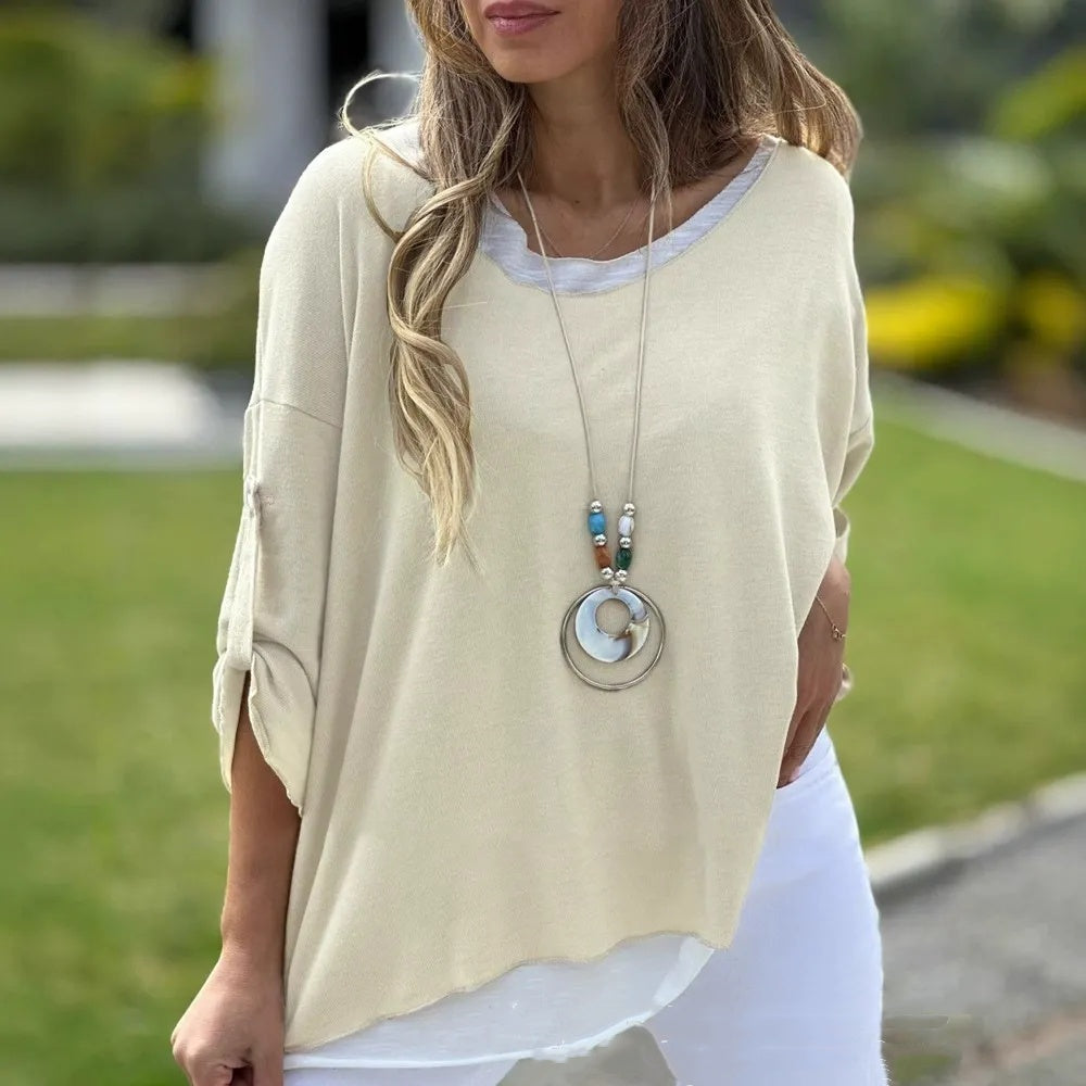 Bluzka damska w jednolitym kolorze, stylowa, swobodna, z długim rękawem i okrągłym dekoltem, regularna