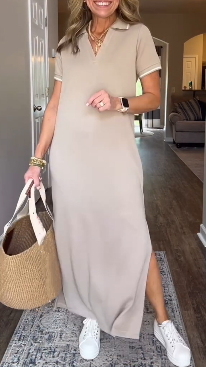 Women's Lapel Slit Long Casual Dress