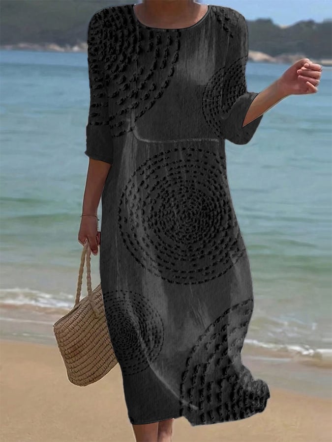 Damska swobodna sukienka w jednolitym kolorze z okrągłym dekoltem i średnim rękawem, z nadrukiem kwiatowym, z bawełny i lnu