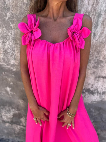 ?Sukienka damska w jednolitym kolorze z kwiatowym wzorem i dekoltem w kształcie litery U