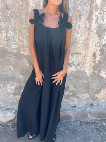 ?Sukienka damska w jednolitym kolorze z kwiatowym wzorem i dekoltem w kształcie litery U