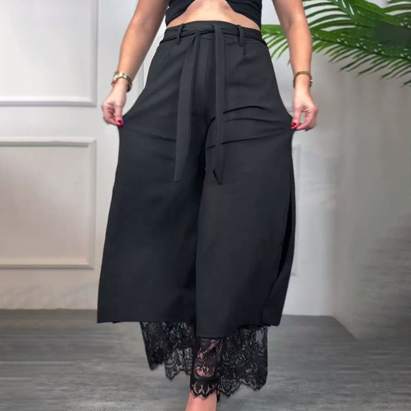 Damskie seksowne spodnie z szerokimi nogawkami i koronkową podszewką