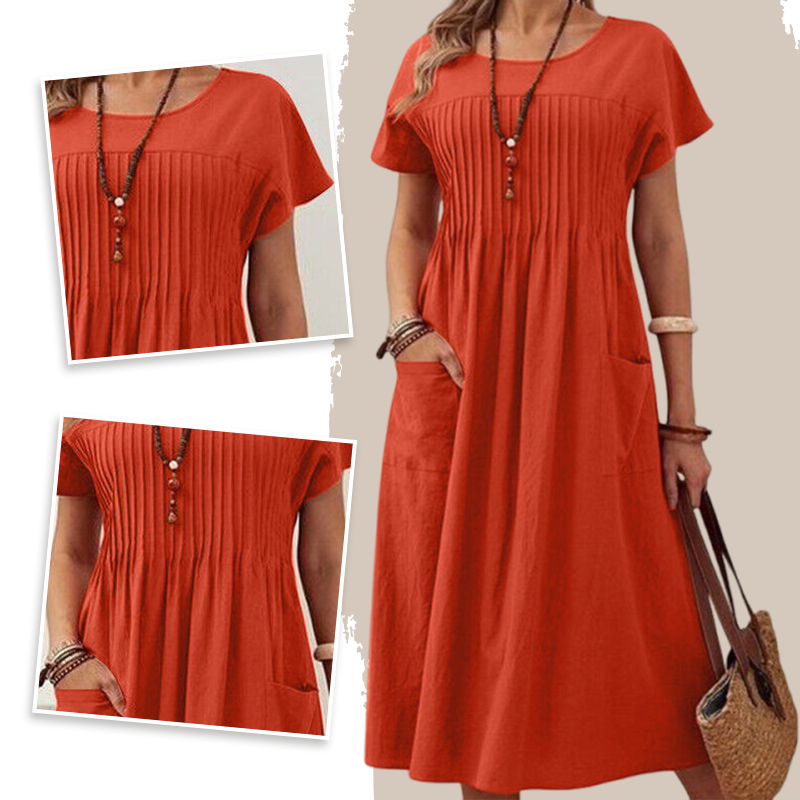 ?Damska sukienka plisowana z krótkim rękawem i kieszeniami?