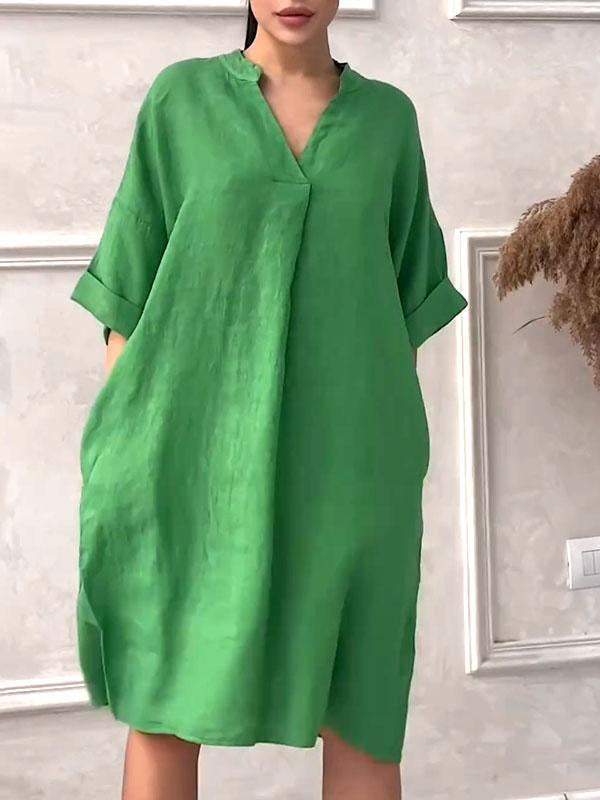 Luźna sukienka plus size z bawełny i lnu z dekoltem w serek