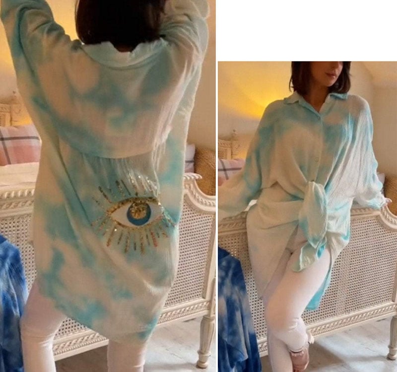 Koszula tie-dye z cekinami i motywem złego oka