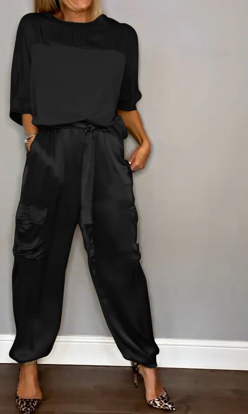 ?Smooth Satin Half-sleeved Top and Pants Set?