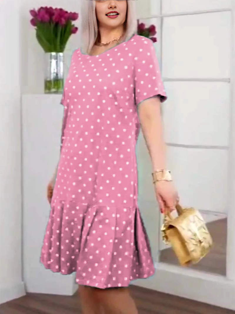 Sukienka plisowana z krótkim rękawem i okrągłym dekoltem w groszki