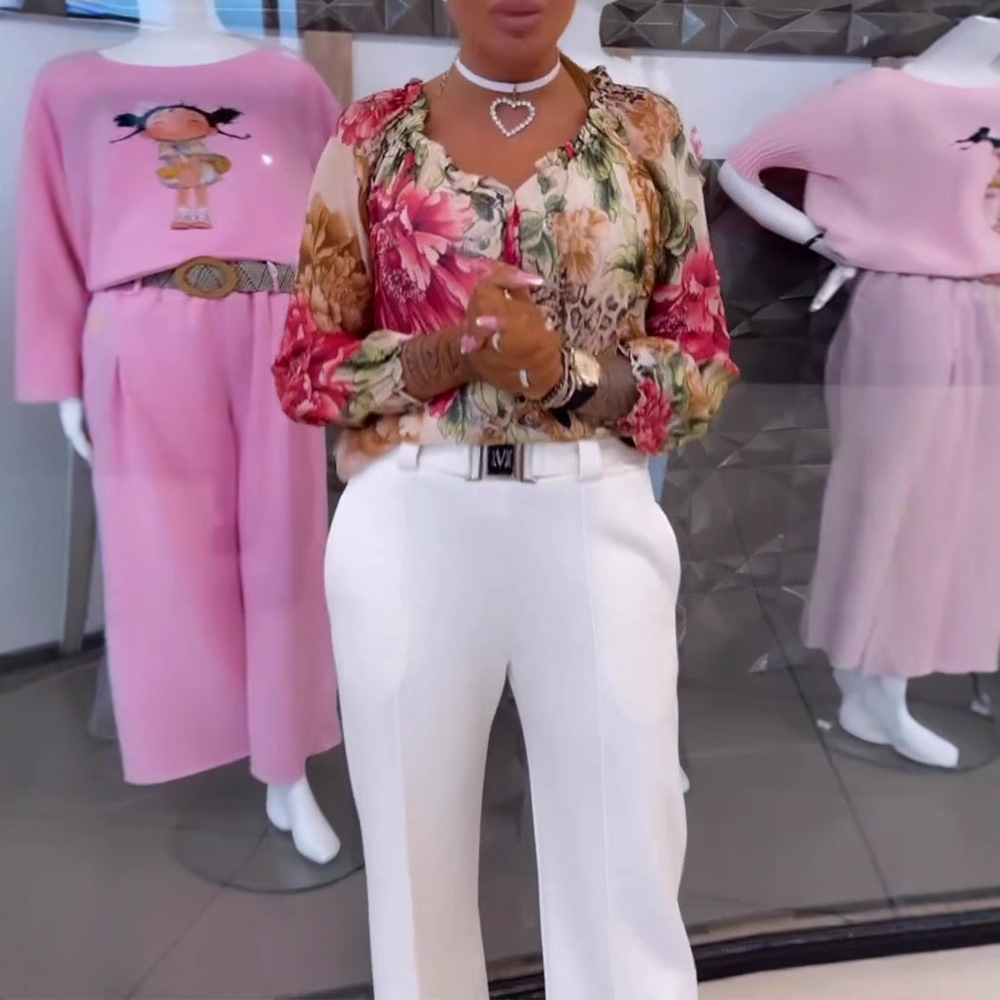 Printed V-neck casual fashion chiffon shirt