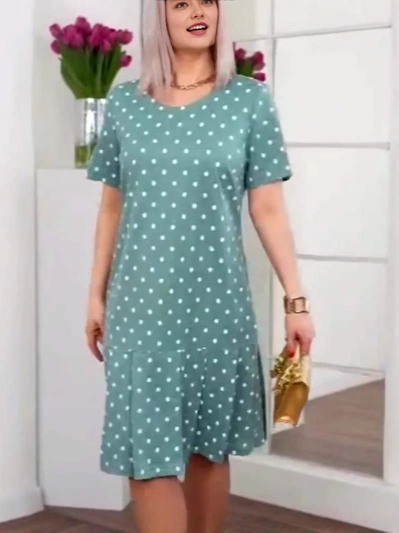 Sukienka plisowana z krótkim rękawem i okrągłym dekoltem w groszki