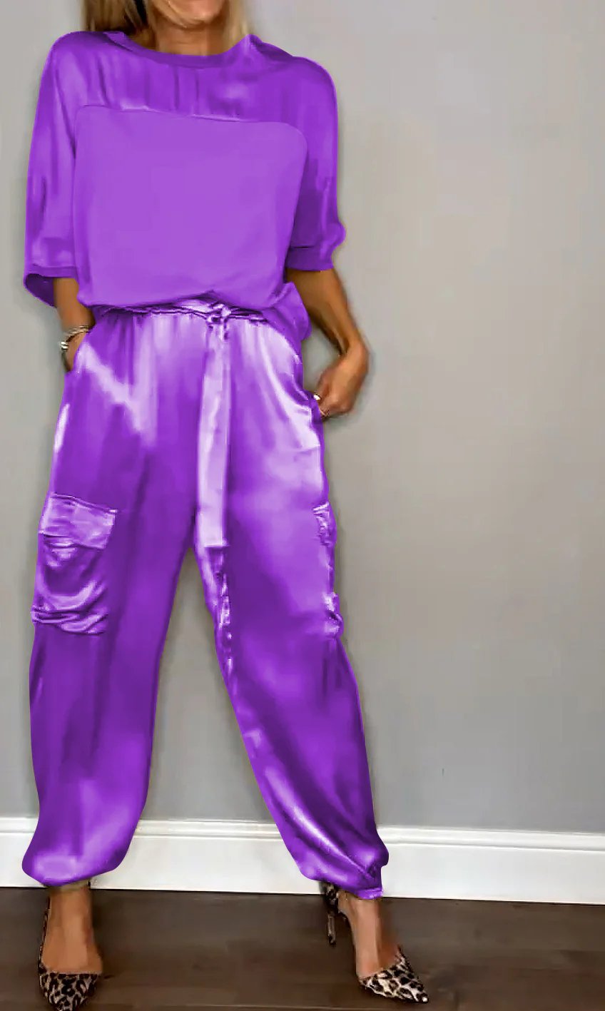 ?Smooth Satin Half-sleeved Top and Pants Set?