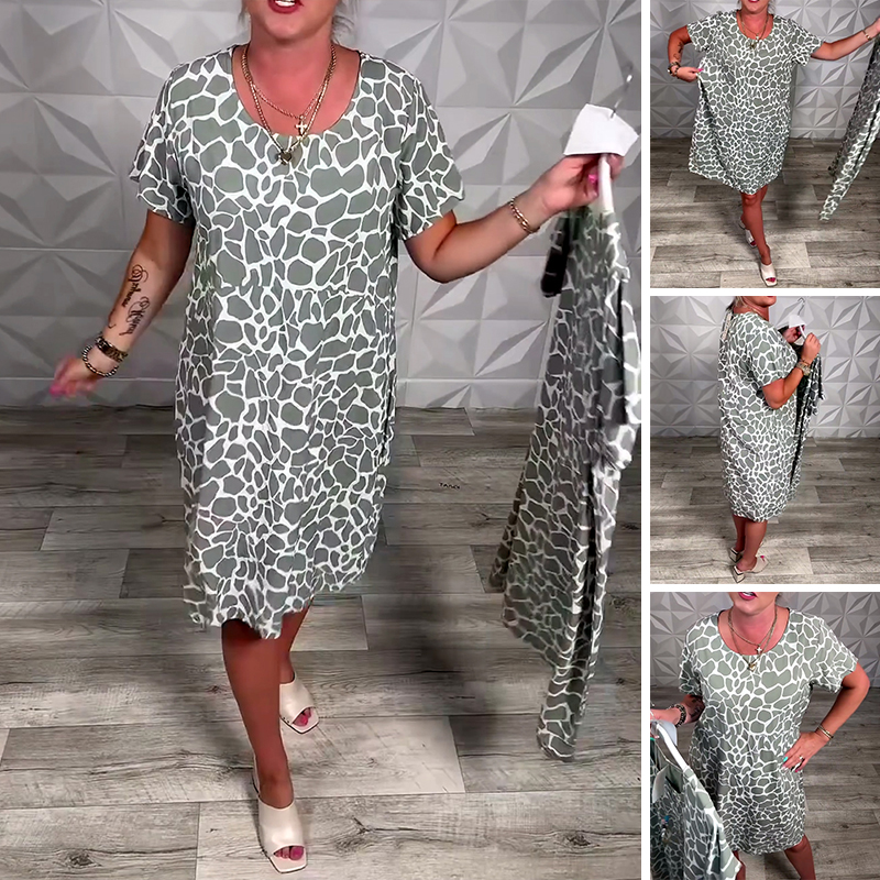 Sukienka z okrągłym dekoltem i krótkim rękawem, wygodna i luźna