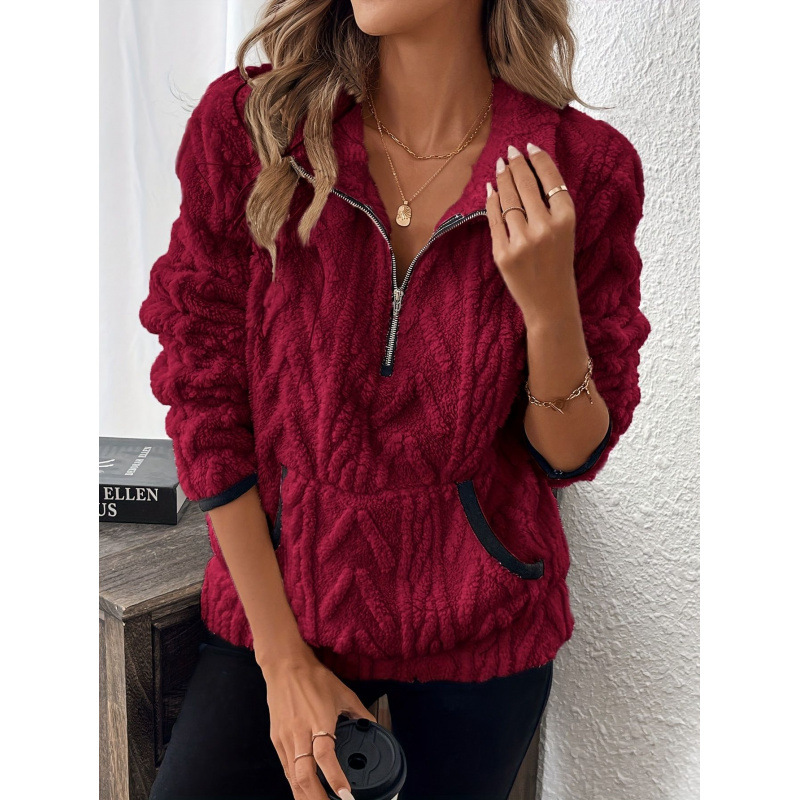 Contrast color half-open collar plush sweatshirt
