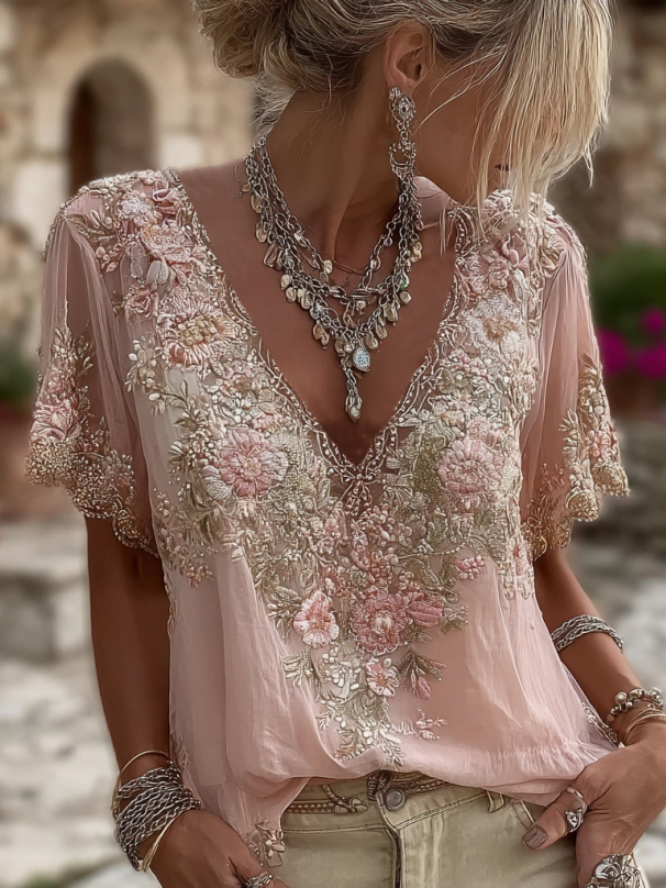 Women's Floral Embroidered Art V-neck Short Sleeved Linen Blend T-shirt