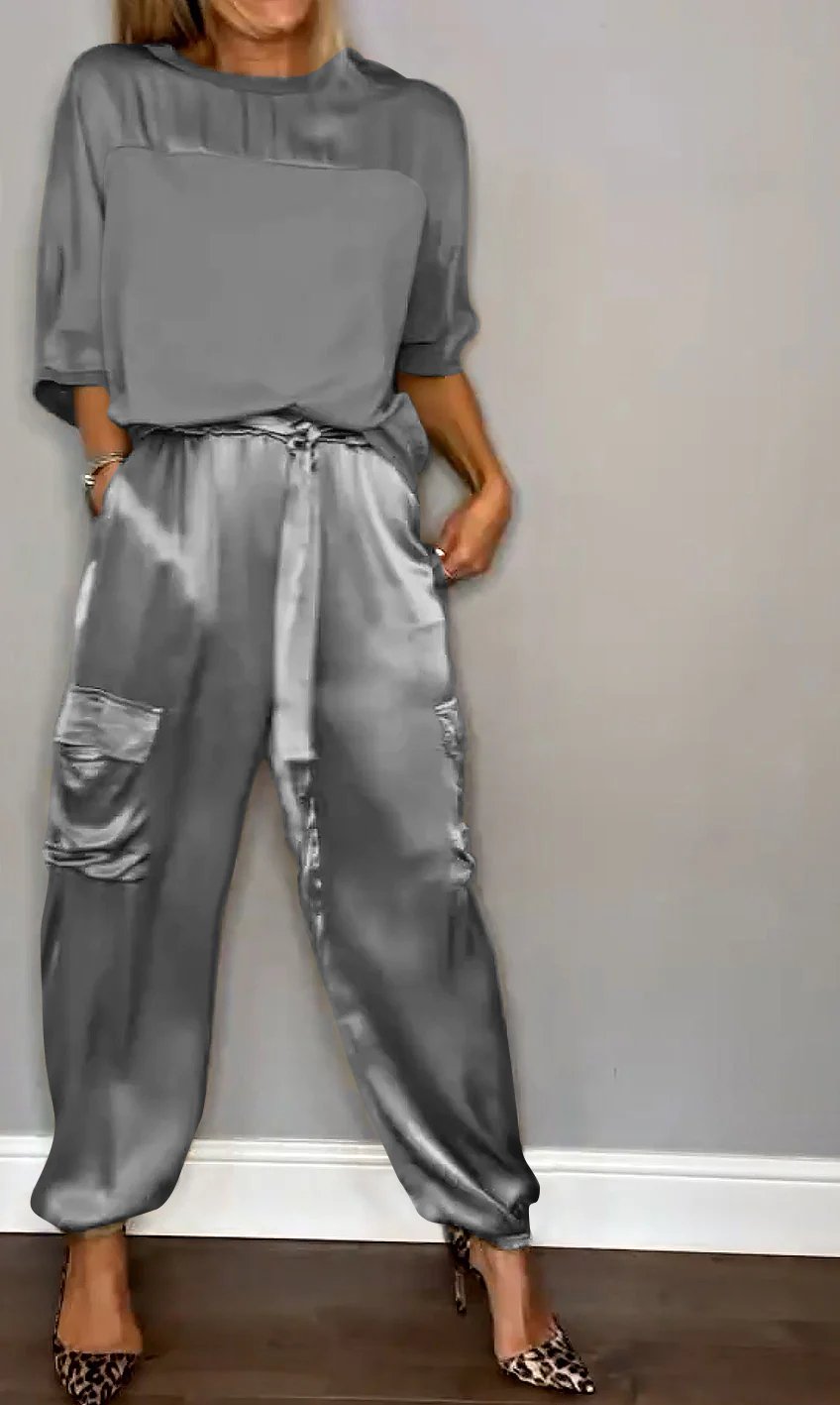 ?Smooth Satin Half-sleeved Top and Pants Set?