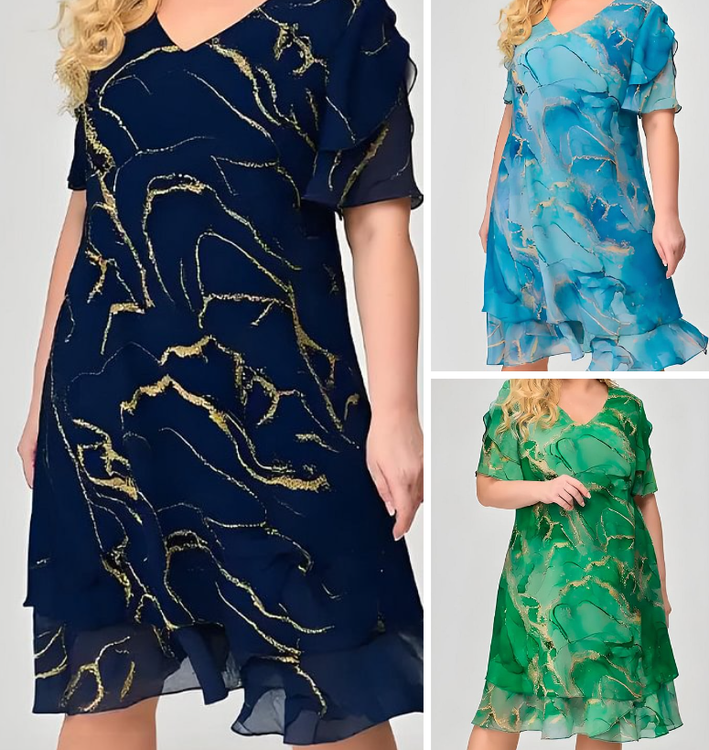 ?Kobiety z krótkim rękawem Kaskadowa sukienka z szyfonu z nadrukiem