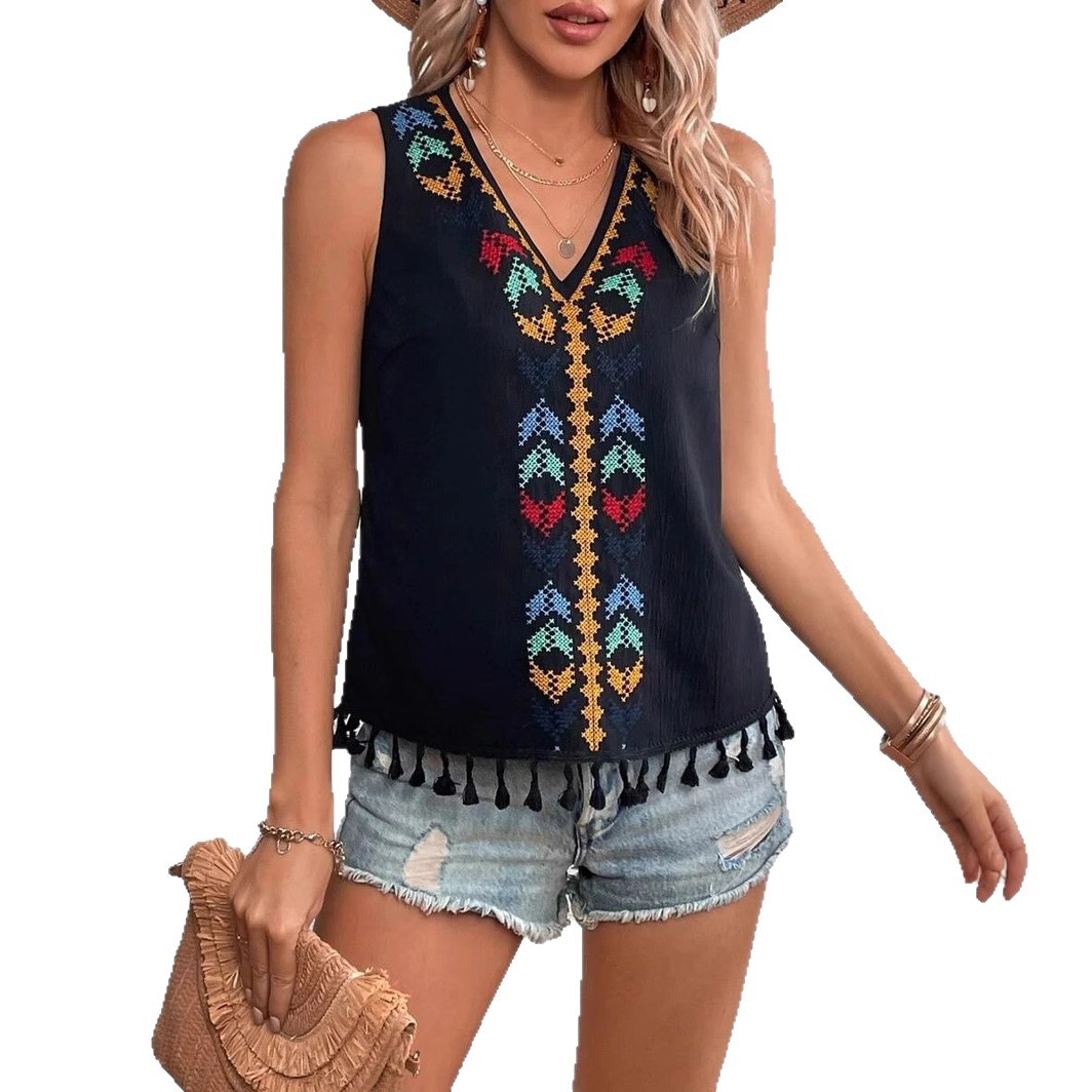 Summer V-neck embroidered style patchwork hem fur vest